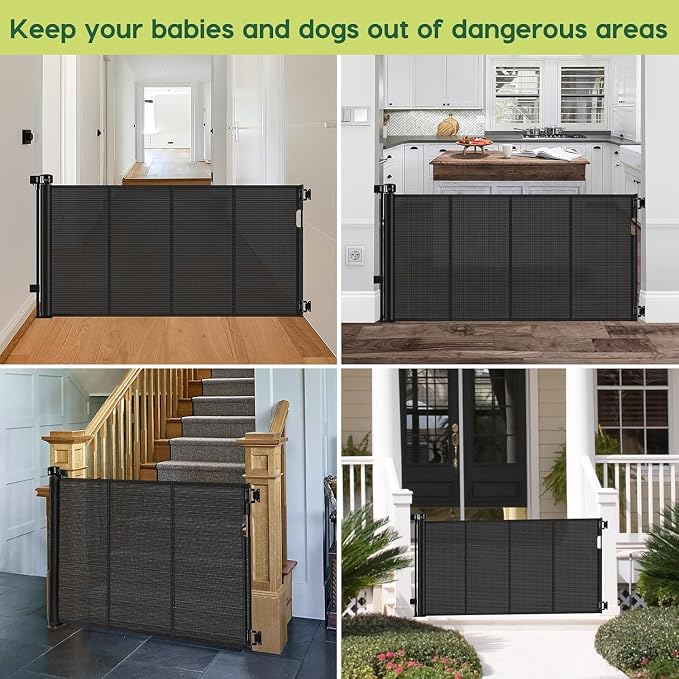 2 Pack Reinforced 55" Wide Retractable Baby Gates with Reinforced Strips, Indoor/Outdoor Retractable Dog Gate for Doorway Prevent Bottom Drilling Through, No Bottom Bar Safety Mesh Baby Gate for Stair