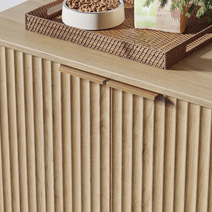 Evermagin 31.5" Cat Litter Box Enclosure Furniture | Oak Hidden Litter Box Cabinet, Modern Indoor Cat House, Fluted Kitty End Table for Living Room, Bedroom, Entryway