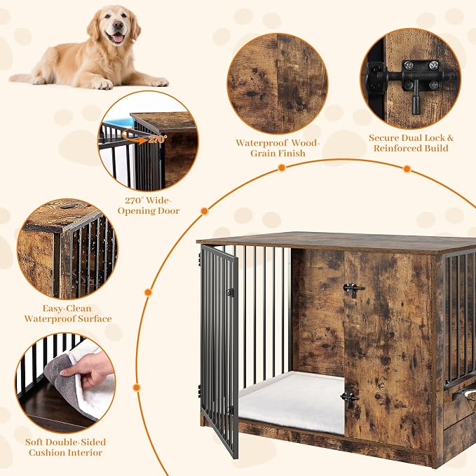 TBWIND 36" Dog Crate Furniture for Medium Dogs, Rustic Brown | Wooden Dog Kennel End Table with Cushion, 270° Rotating Door, 360° Feeding Station, Dual Rotating Latch Locks & Bowls