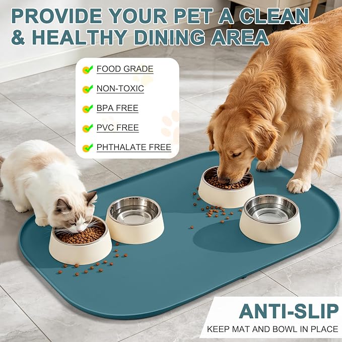 SMILOOL 36" x 24" x 1" Extra Large Silicone Pet Food Mat with Raised Edge for Food and Water Bowl, Dog Feeding Mats, Cat Food Trays for Floor Waterproof, Rubber Tray for Dogs and Cats, Slate Blue