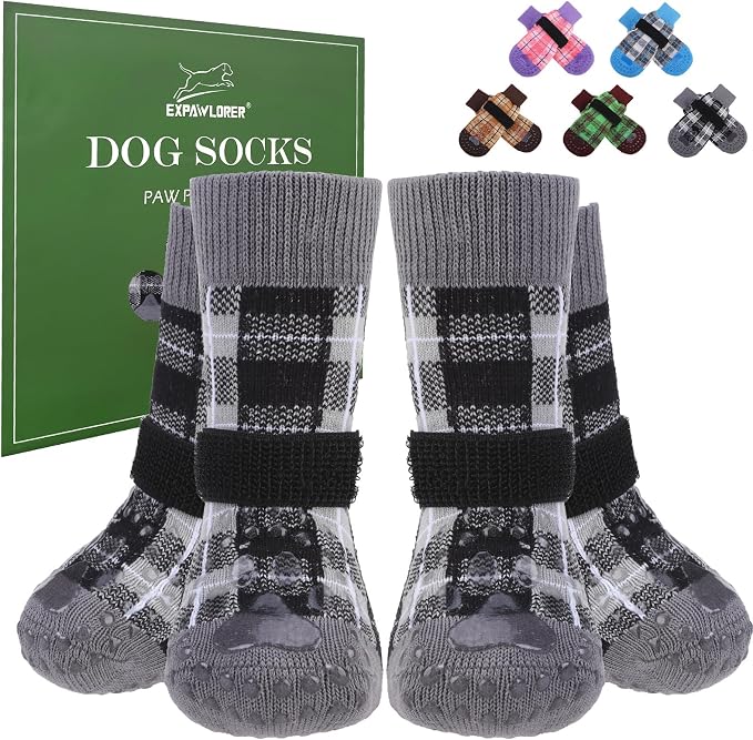 EXPAWLORER Dog Socks for Hardwood Floors, Dog Shoes for Winter, Dog Booties for Cold Pavement to Prevent Licking, Paw Protectors Strong Traction Control for Small Medium Large Dogs,Black L