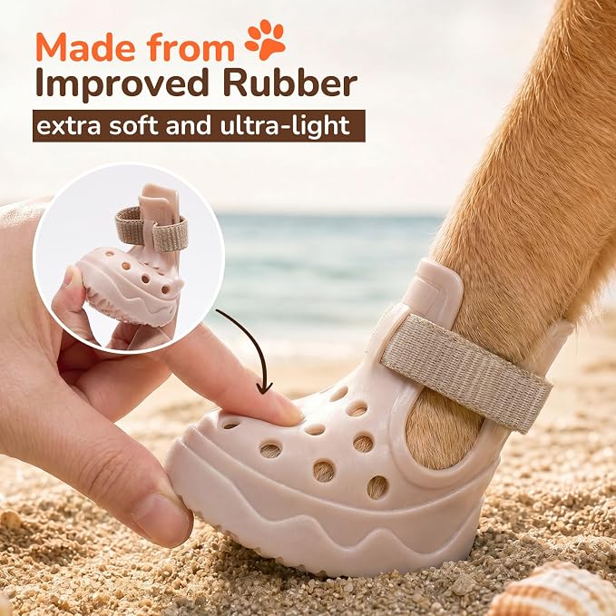 Soft Dog Shoes for Hot Pavement, Breathable Vented Dog Boots, Khaki, Size 5 | 4 Pack, Soft Rubber Material, Lightweight, Anti-Slip Soles, Reflective Strap, Wide Opening, Summer Walks, Medium & Large Dogs