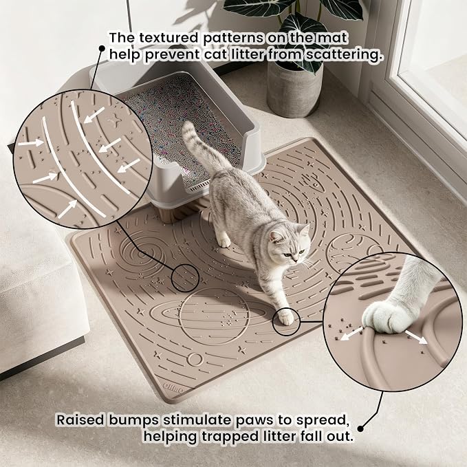 Cat Litter Mat Large Litter Box Mat, 31.5x23.6 Beige, Premium BPA-Free Silicone Rubber Kitty Litter Mat for Litter Box, High Edge Scatter Control Non-Slip Waterproof Litter Trapping Mat