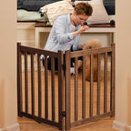 LZRS Wooden Free Standing Dog Gate 40" W x 24" H, Foldable Solid Hardwood Pet Safety Fence for House Doorways, Stairs, Hallways, Step-Over Pet Barrier, No Drill Easy Setup, Brown Oak