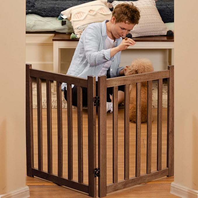 LZRS Wooden Free Standing Dog Gate 40" W x 24" H, Foldable Solid Hardwood Pet Safety Fence for House Doorways, Stairs, Hallways, Step-Over Pet Barrier, No Drill Easy Setup, Brown Oak