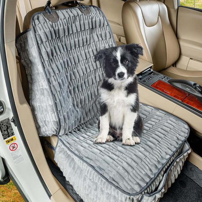 Front Seat Dog Car Seat Cover, Plush Waterproof Protector, Grey | Non-Slip Backing, Soft, Side Flaps, Full Coverage, Hair, Dirt & Scratch Defense, Machine Washable, Fits Cars, SUVs & Trucks