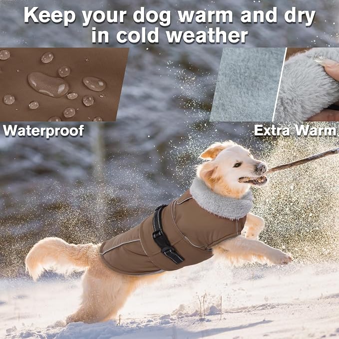 Lelepet Dog Coats for Large Dogs Waterproof Dog Jacket with Adjustable Fit | Reflective Winter Coat Pet Fleece Vest Windproof Cold Weather Coats with Adjustable Buckle & Leash Hole, Brown, XXXL
