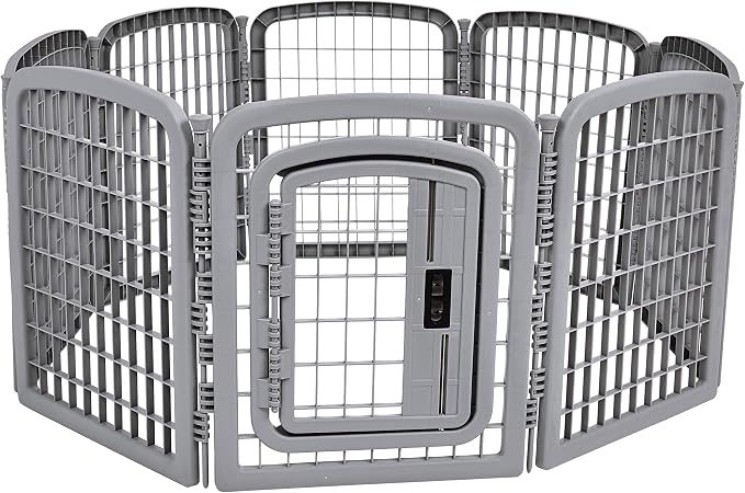 Amazon Basics 8-Panel Octagonal Plastic Dog Playpen, Indoor/Outdoor Pet Fence with Gate, Exercise Pen for Puppies and Small Animals, 28 inches, Grey