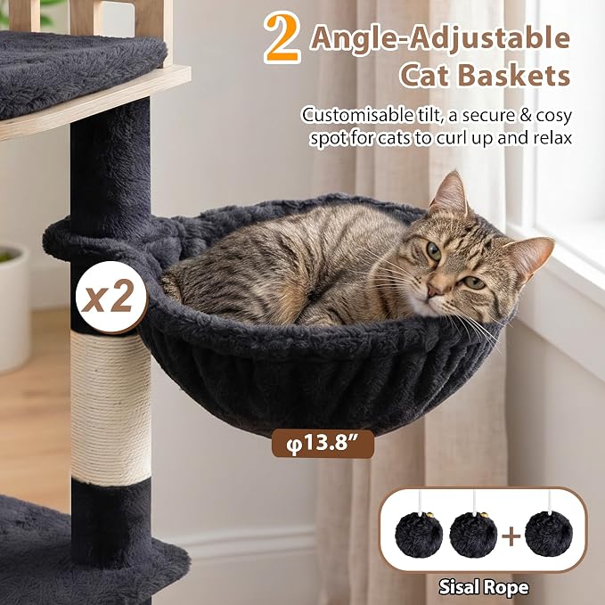 Gitelsnour Sturdy Cat Tree Tower with 2 Large Condos, 4 Big Perchs GCT039G | 74.8" Sturdy Cat Furniture for Indoor Cats Large Adult with 2 Cozy Cat Baskets, Sisal Scratching Posts & Toys, Dark Gray