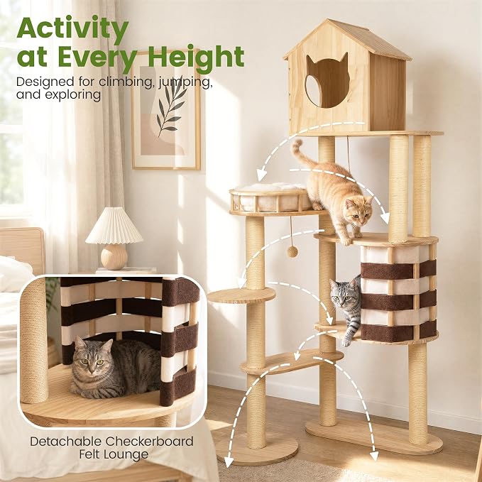 63.8 Inch Large Solid Wood Cat Tree, Modern Cat Tower for Indoor Cats, Cat Condo with Top Hideaway, Sisal Scratching Posts, Washable Cushion, Hanging Balls, Natural