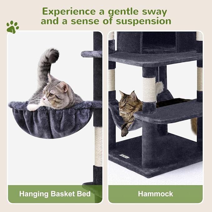 Globlazer Corner Cat Tree for Large Cats, 66inch Tall Curved Series Large Cat Tower for Multiple Indoor Cats with 6 Scratching Posts, 2 Spacious Cat Condos, Hammock, Hanging Basket, C66, Dark Grey