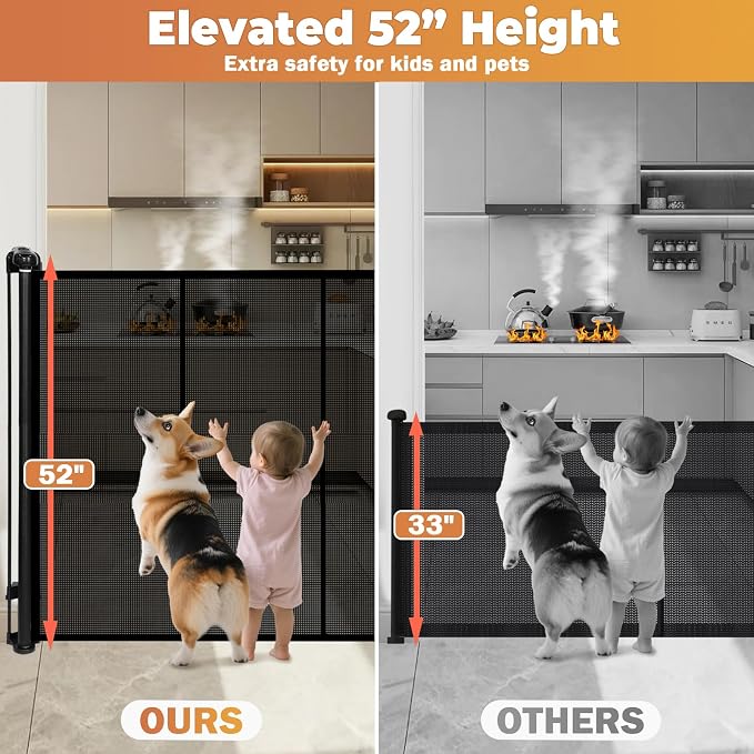 275" Retractable Baby Gates Dog Gate Extra Wide, 52" Tall Child Pet Safety Gate with Reinforced Strips for Stairs, Long Mesh Garage Gates Fence for Outdoor Indoor Large Openings Driveway Decks Patio