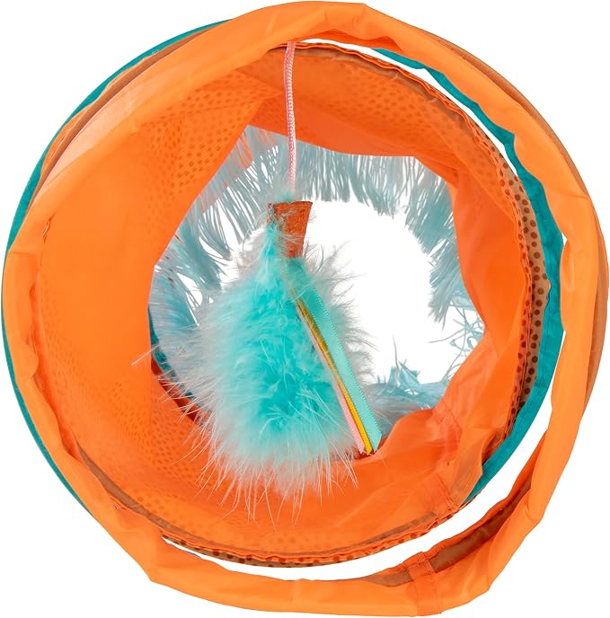 Instincts by SmartyKat Teaser Tunnel Activity Tunnel Cat Toy w/Fringe & Feather Teaser Cat Toy - Orange, One Size