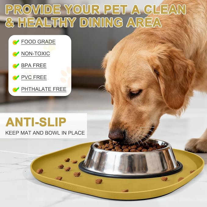 SMILOOL Small Silicone Pet Food Mat with Raised Edge for Food and Water Bowl, Square Dog Feeding Mats, Cat Food Trays for Floor Waterproof, Rubber Tray for Dogs and Cats, 12 x 12 x 0.7 Honey