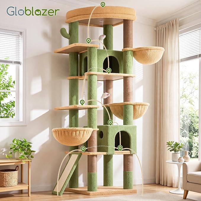 Globlazer Extra Large Cactus Cat Tree, 78 inch Sturdy Tall Cactus Cat Tree Tower for Indoor Multiple Large Adult Cats Kittens with 6 Scratching Posts, Enlarged Top Perch, 2 Padded Condos, S78G, Green