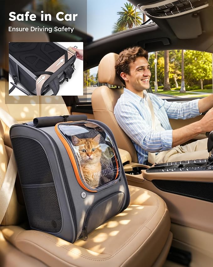 Pecute Cat Backpack Carrier,Large Space Cat Bubble Backpack,Ergonomic,Gray | Color Blocking,Sunshade curtain,Folding bowl,Transparent window,Sturdy,Large mesh on both sides for breathability