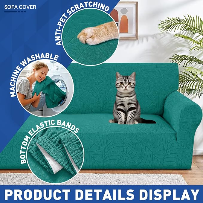 YEMYHOM Couch Cover Latest Jacquard Design High Stretch Sofa Covers for 2 Cushion Couch, Pet Dog Cat Proof Loveseat Slipcover Non Slip Elastic Furniture Protector (Medium, Begonia Leaf Blackish Green)