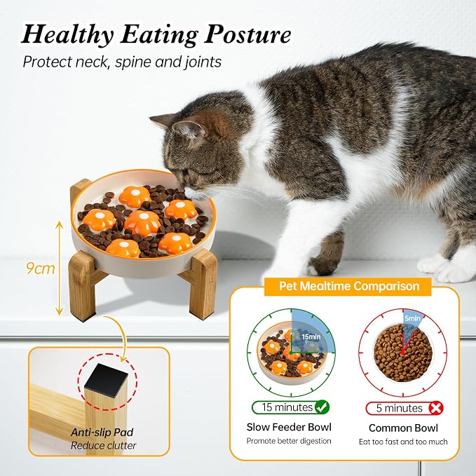 Elevated Ceramic Slow Feeder Cat Bowl with Anti-Slip Bamboo Stand | 6.3" Wide Whisker Friendly, Slow Eating 3x, Dry & Wet Food, Cute Flower-Shaped Maze, Microwave & Dishwasher Safe, Orange