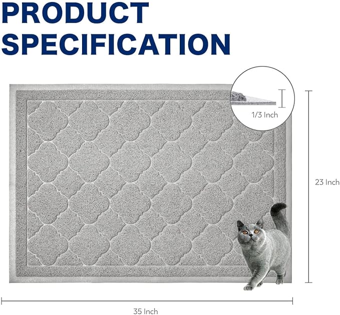 Cat Litter Box Mat, Kitty Premium PVC Pad, Durable Trapping Rug, Phthalate Free, Urine-Resistant, Scatter Control, L 35 x 23 Inch, Cadet Grey