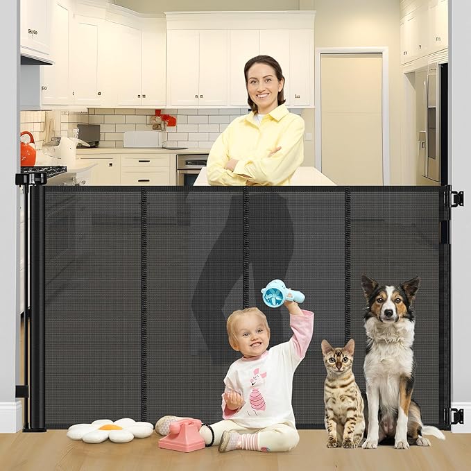 Reinforced 42" Tall X 80" Wide Retractable Dog Gate for Hallway Extra Tall Baby Gates for Dogs Indoor High Reinforced Bar Retractable Baby Gates for Doorways Extra Wide Pet Gate Outdoor, Black