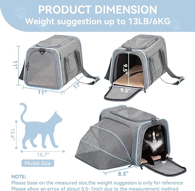 Petsfit Medium Expandable Cat Carrier for Air Travel, Up to 13 lb | 17 x 11 x 11 in; sized for Delta Air Lines, with locking zippers, a handy D-ring, large pocket and multi-side ventilation.