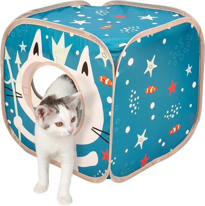 Kitty City Ocean-Themed Cat Play Furniture Set, Collapsible Pop-Up Cat Toys Combo with Cube, Tunnel & House, Indoor Kitty Playground for Play, Hiding & Lounging