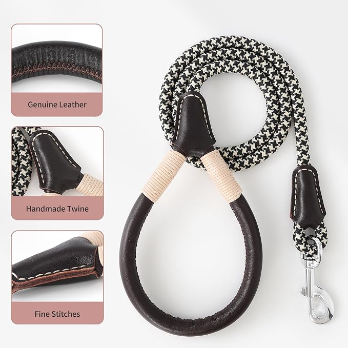 Mile High Life Dog Leash with Genuine Leather Handle, 4/5/6 FT | Comfortable Leather Grip Rope Leash, Heavy Duty 360° Swivel Metal Clasp, for Small Medium & Large Dogs (Khaki Black, 48 Inch)