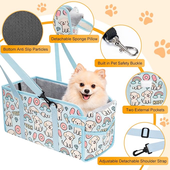 Console Dog Car Seat - Portable Dogs Armrest Booster Seat for Small Dog, Foldable Pet Car Seat with Safety Belt, Blue Puppy