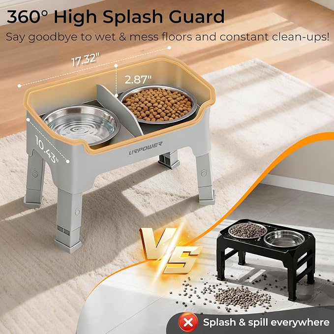URPOWER Mess Proof Elevated Dog Bowls, Splash Guard Raised Bowl Stand | 4 Height Adjustable Raised Stand with 2 Stainless Steel Food Bowls & Licking Plate for Small, Medium & Large Dogs