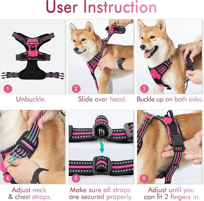 rabbitgoo Dog Harness, No Pull for Large Dogs with 2 Leash Clips, Pet Vest | No Choke with Handle, Adjustable Soft Padded, Reflective, Easy Control for Walking, Hot Pink, Large