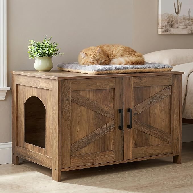 Homhedy 31.5" L Cat Litter Box Enclosure with Barn Door, Rustic Walnut | Wooden Cat Washroom Furniture, Cat House, Pet Storage Cabinet, Dog-Proof, Fit Most of Litter Box, Farmhouse Style