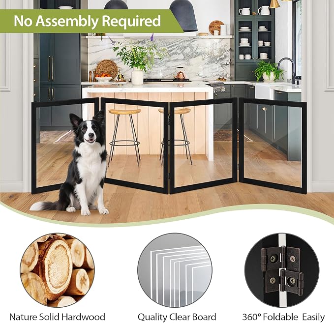 LZRS Extra-Wide Clear Dog Gate for Indoor Use - Transparent Pet Fence with Solid Hardwood and Plastic Board, Stylish & Durable freestanding Pet Gate for Doorways, Stairs and Hallways-4 Panel Black