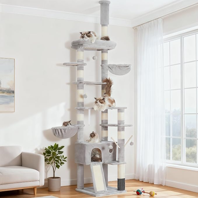 Hey-brother Cat Tree Tower, Adjustable Height, Floor to Ceiling, MPJ091W | 94.5-106.3 Inches Multi-Level Cat House, Scratching Posts, Plush Condo, Platform, Toy Ball for Indoor Big Cats, Light Gray