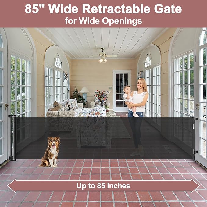 85" Wide Retractable Baby Gate for Stairs, Long Dog Gate, Indoor/Outdoor | Retractable Gate for Deck/Doorway, Easy One-Hand Operation Safety Lock, Scratch-Resistant Mesh Baby Gate, Easy Install, Black