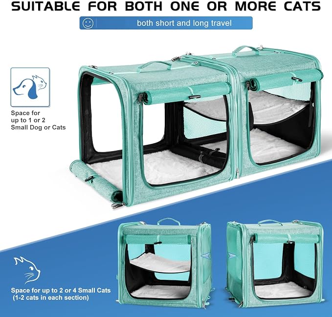 Extra Large Cat Carrier for 2 Cats with Travel Litter Box, 2-in-1 Foldable Soft Pet Car Travel Carrier with Zipper Locks for Multiple Cats Small Dogs Up to 45 Lbs, Green