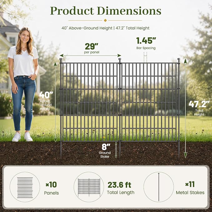 No Dig Garden Fence Outdoor for Yard, 40in (H) x 23.6ft(L) | 10 Panels Animal Barrier Fence, Rustproof Metal Temporary Dog Fence, Decorative Fencing for Patio, Flower Bed
