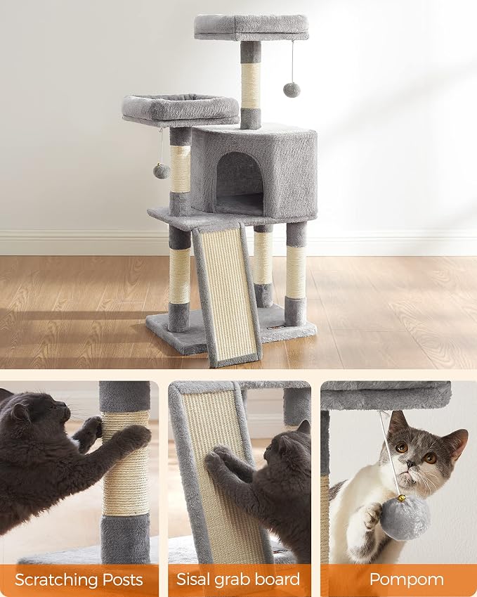 Feandrea Cat Tree, 45.3-Inch Cat Tower, Cat Scratching Post, Light Gray | 45.3-Inch Cat Tower, Plush Condo with Scratching Post, Ramp, Perch, Spacious Cave, Light Gray