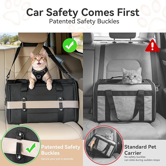 PETSFIT Large Cat Carrier with Patented Safety Buckles,Big Cats Up to 20 lb | Secure Carrier for Safe Driving, Lockable Zippers, Safety Tether, Travel Pet Carrier for Trips & Vet Visits,19 x 12 x 12