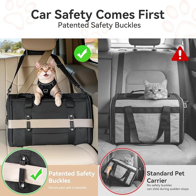 PETSFIT Cat Carrier Soft with Patented Safety Buckles, Safe for Car Travel | Lockable Zippers, Safety Tether, Escape-Resistant Pet Carrier for Vet Visits, Airline Approved Under-Seat, Up to 12 lbs