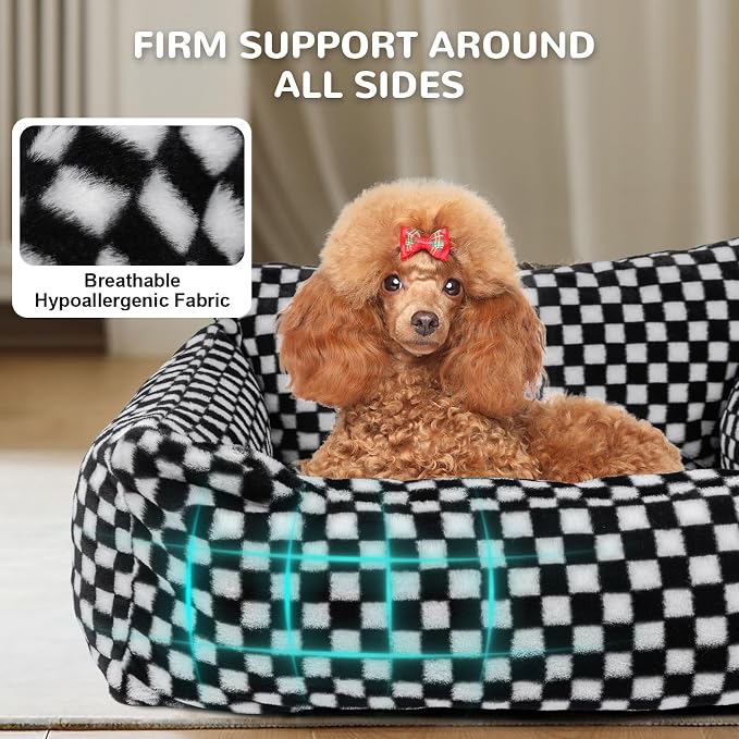 Dog Beds for Small Medium Dogs, Washable Soft Fleece Dog Bed with Removable Cover, Puppy Sofa Bed with Anti-Slip Bottom, Pet Sleeping Bed for Indoor Cats & Dogs Under 23 lbs (Grid Black)
