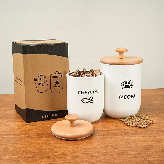 Cat Treat Container with Airtight Lid, Cat Food Oganizer Dry Food, Cat Food Storage Containers, Pet Treats Canister, Cat Treat Jar Set of 2-8.3x4.9 & 7.1x4.3 (White)