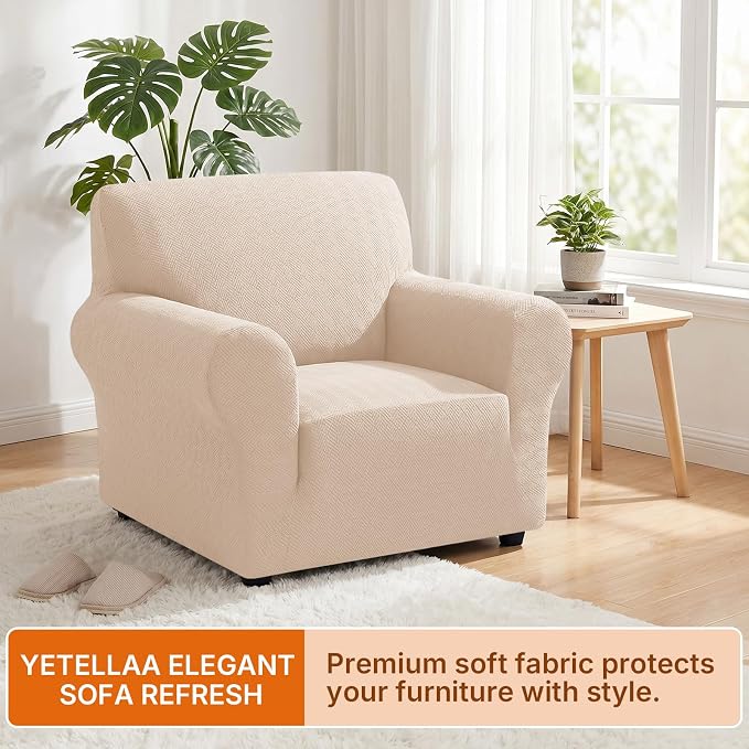 XINEAGE Stretch Armchair Slipcover, Non-Slip Pet Couch Cover,Beige Yellow | Washable Furniture Protector, Elastic Bottom, Dogs & Cats Friendly, Scratch-resistant, Fast Setup, High Elasticity