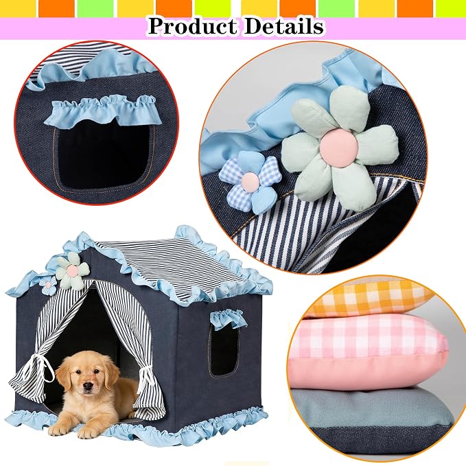 Denim Blue Indoor Dog House with Frame and Princess Style Cat Houses for Indoor Cats, Breathable Washable Cat Bed & Cat Tent, M Size (17×17×17 Inches) for 8-20 lbs. Pets.