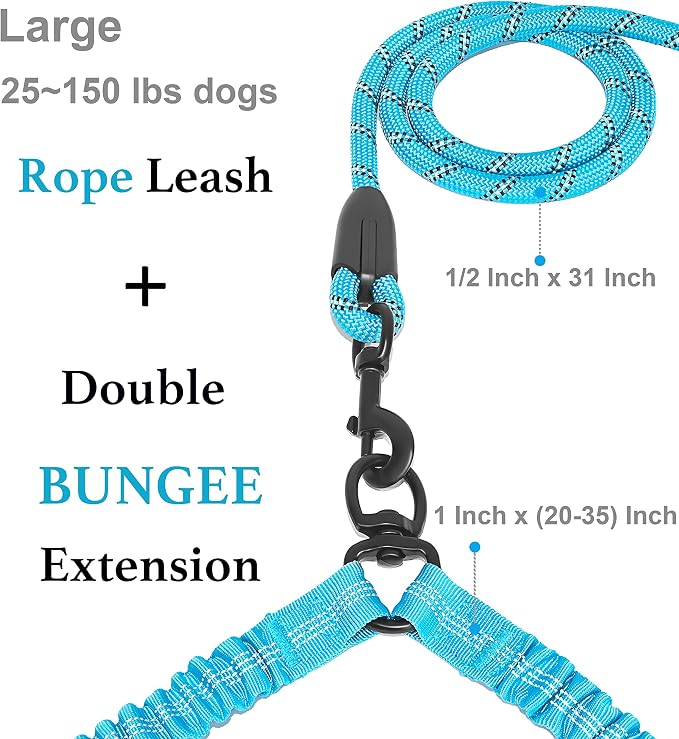 iYoShop Dual Dog Leash - 360° Swivel, No Tangle Walking Leash with Shock Absorbing Bungee for Two Dogs (Large, 25-150 lbs, Blue)
