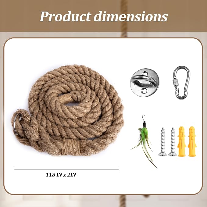 2" x 9.84Ft Cat Climbing Rope with Hook for Ceiling & Wall Mounted | Natural Sisal Rope for Cat Scratcher with Feather Toy for Indoor/Outdoor Cats, Durable Cat Tree Replacement Rope