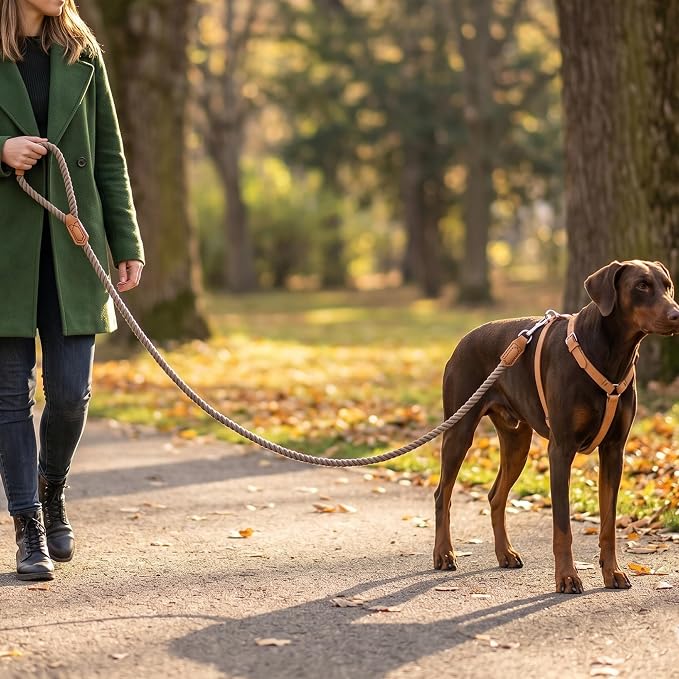 Mile High Life Dog Leash Braided Cotton Rope w/Leather-Wrapped Ends/Handle | Rust-proof 360° swivel clasp, Heavy-duty for medium/large breeds. Great for weddings, daily walks (4 FT, 1/2", Black)