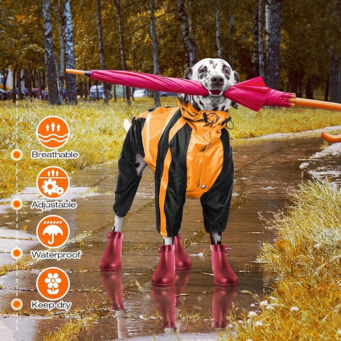 Dog Raincoat, 4 Leg Waterproof Dog Rain Jacket with Hood, Orange S | Rain Coat For Small Dogs, Doggy Poncho With Leash Hole, Snap Buttons, For Rainy Snowy Weather Walks, Hiking, Camping
