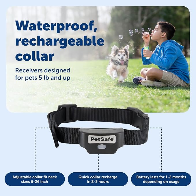 PetSafe Rechargeable In-Ground Fence, Up to 1/3 Acre | Expandable to 25 Acres, Waterproof Rechargeable Collar, 4 Static Levels Plus Tone, Dogs & Cats 5 lb+