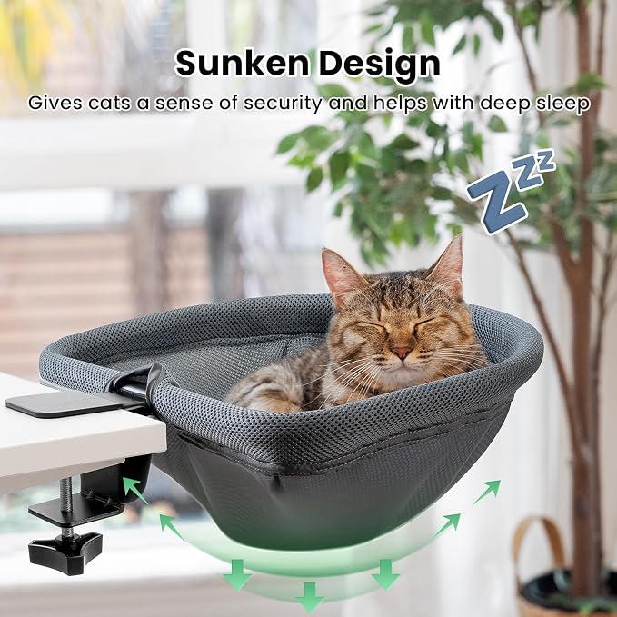 JUNSPOW Cat Desk Bed One-Click Folding, Maximum Holds 40lb, Grey Mesh | Sunken Design & Space-Saving Semi-Circular Cat Bed, Mesh Cover Material, Suitable for Various Desktops