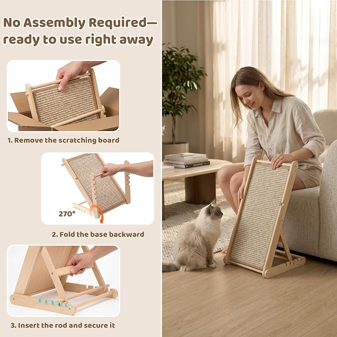 XiaZ Sisal Cat Scratcher, 31" Wooden Cat Scratching Board with 5 Adjustable Heights, Replaceable Sisal Mat and Angled Scratch Pad for Indoor Cats, Ready to Use, No Assembly Required
